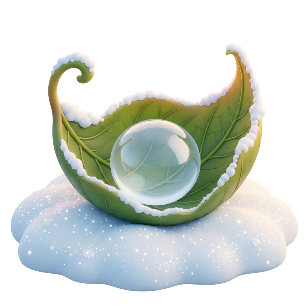A clear water drop held in a green leaf on snow