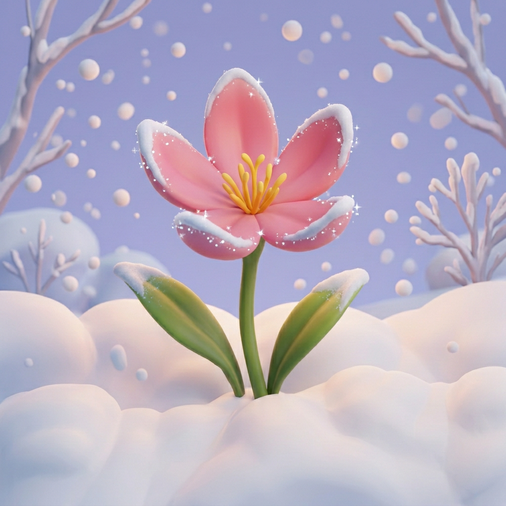 A pink winter flower rising from the snow