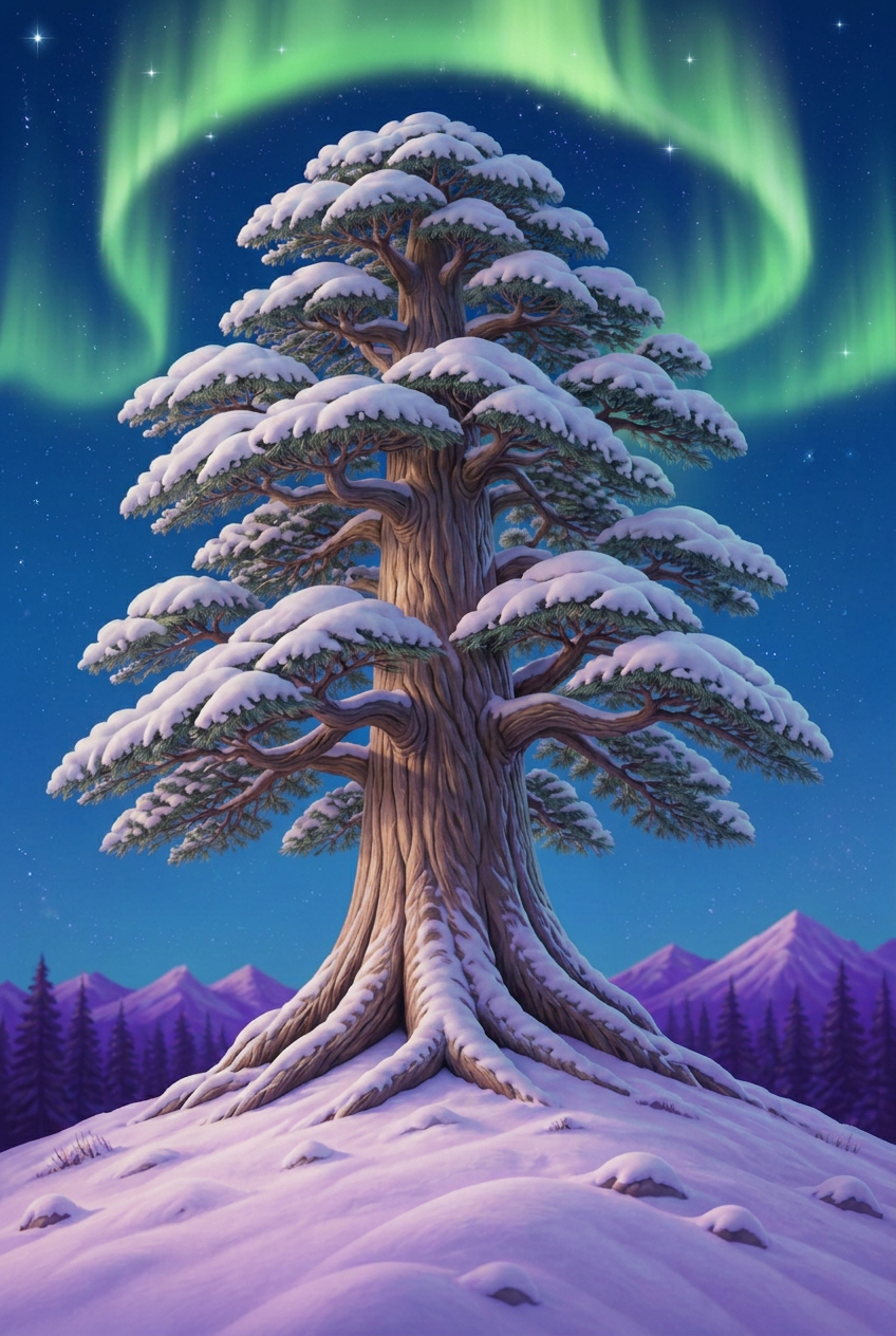 The Great Pine, the tallest tree in Aurora Forest, beneath the northern lights