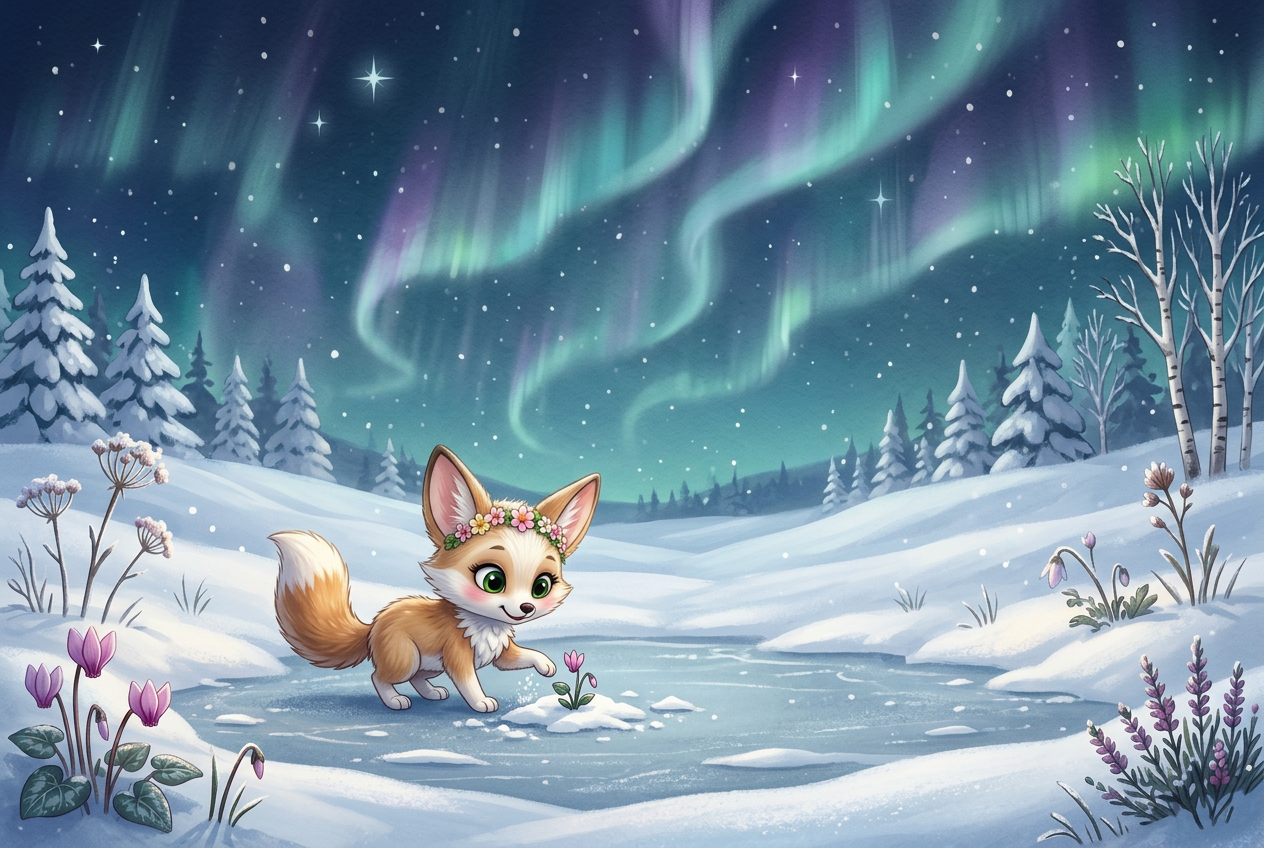 Blossom Fox in Blossom Meadow — an illustrated winter scene beneath the Northern Lights