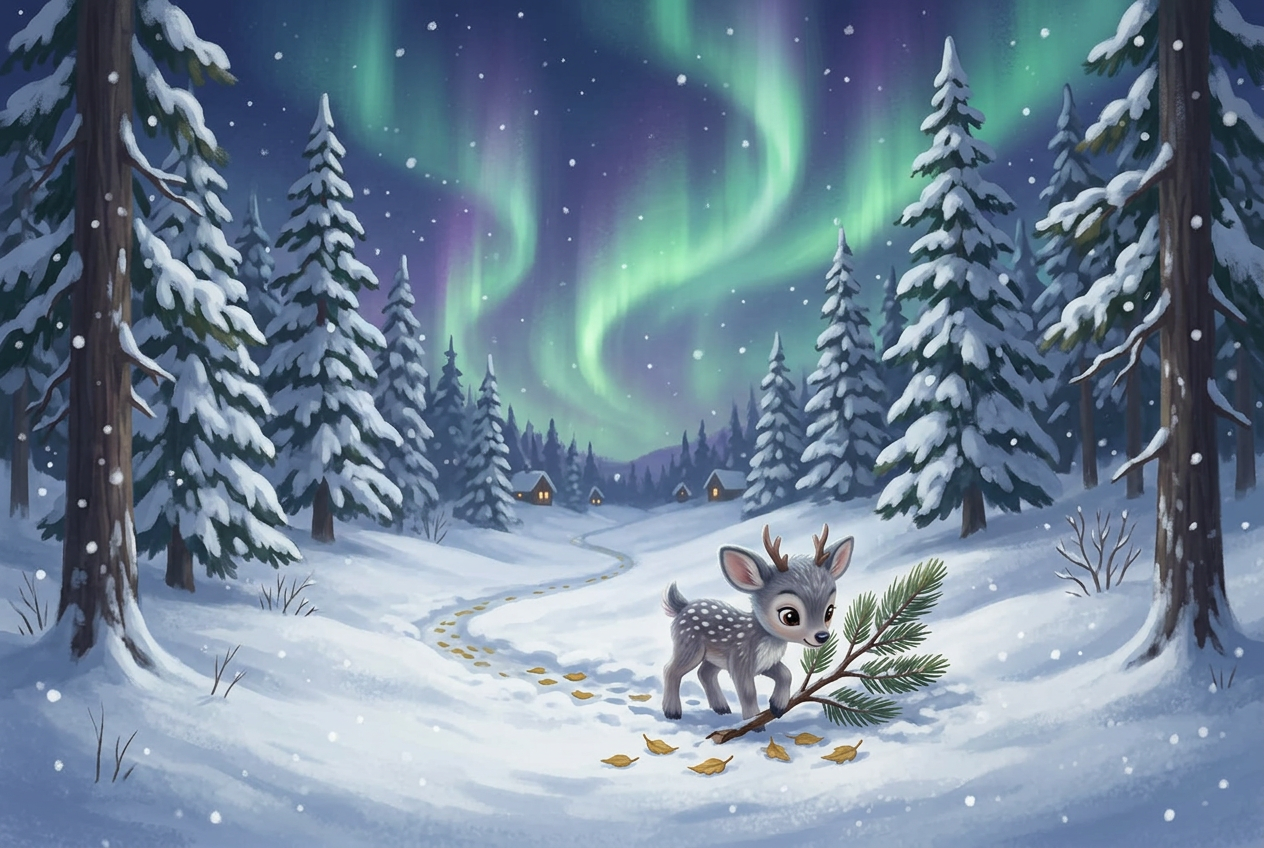 George Deer in Golden Leaf Path — an illustrated winter scene beneath the Northern Lights