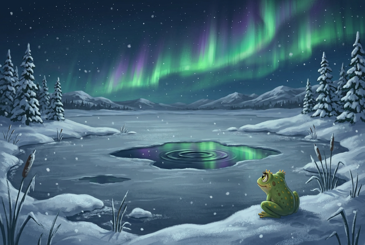 Lily Frog in Moonwater Pond — an illustrated winter scene beneath the Northern Lights