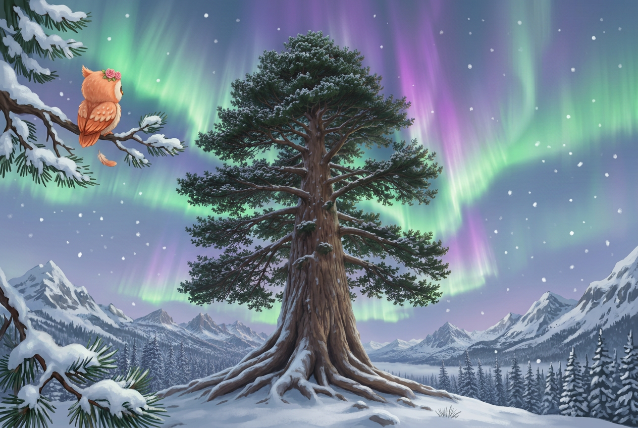 Rosie Owl in The Great Pine — an illustrated winter scene beneath the Northern Lights