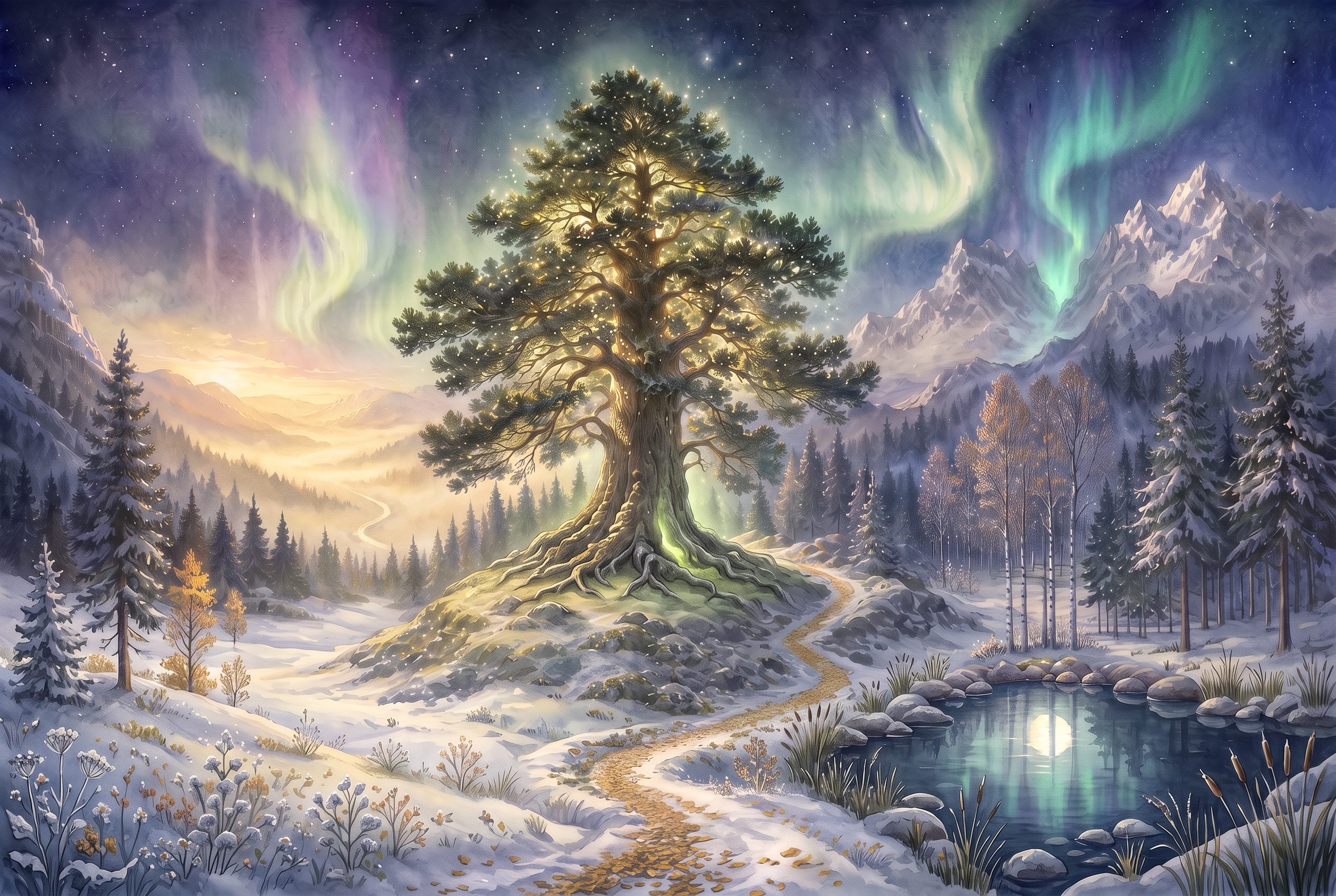 Hand-painted storybook map of the Aurora Forest valley: the Great Pine at its heart, the golden leaf path winding past a flowering meadow to Moonwater Pond, with a misty valley and far mountains beneath the Northern Lights