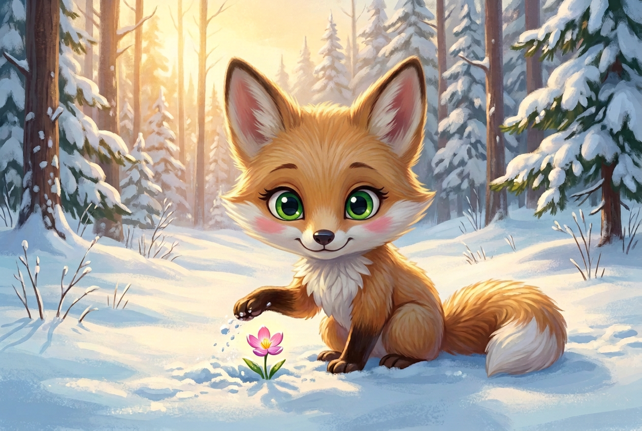 Blossom Fox, illustrated in the Aurora Forest style